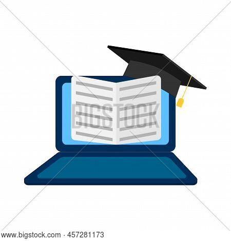 Laptop Book On Screen. Data Information Infographic. Education, Knowledge, Study Concept. Vector Ill