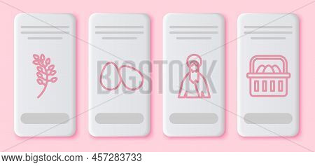 Set Line Willow Leaf, Easter Eggs, Jesus Christ And Basket With Easter Eggs. White Rectangle Button.