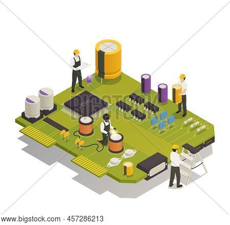 Semiconductor Electronic Components Isometric Composition With 4 Men Assembling Resistors Diodes On 