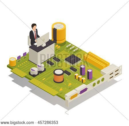 Semiconductor Electronic Components Computer Application Symbolic Isometric Composition With Desktop
