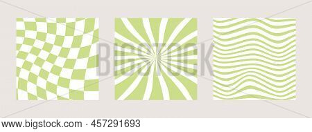Set Of Twisted Gingham Checkerboard, Swirl And Wave Background In Lime Nouveau Green Summer Color. G