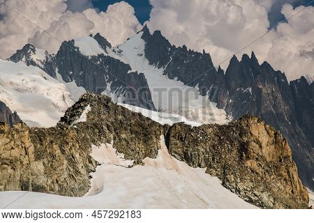 Summer Alps Mountains And Blue Sky And Clouds. View From Punta Helbronner, Italian Viewpoint On Mont