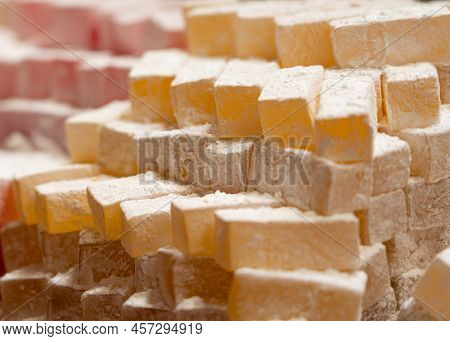 Lines Of Turkish Delights On Bazaar In Stambul.