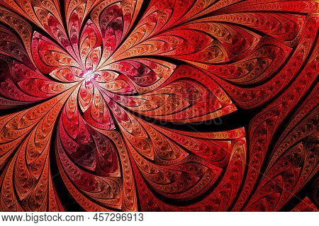 Omputer Generated Abstract Illustration Beautiful Red Petal Lotus Flower, Kaleidoscope Design Backgr