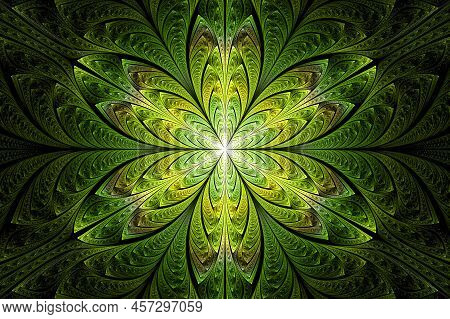 Computer Generated Abstract Illustration Beautiful Green Petal Lotus Flower, Kaleidoscope Design Bac