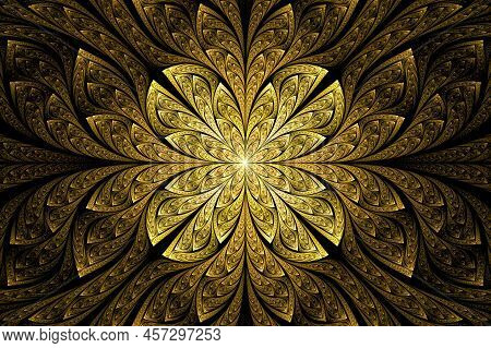 Computer Generated Abstract Illustration Beautiful Fractal Golden Flower Wall  Pattern, Kaleidoscope
