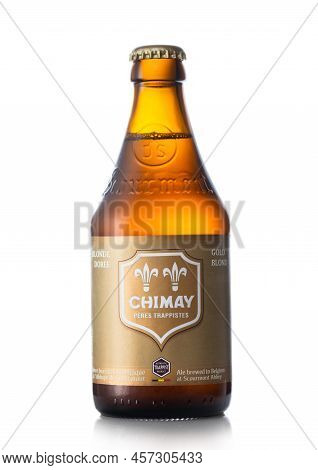 London,uk - June 01, 2022: Chimay Gold Blond Lager Beer On White.