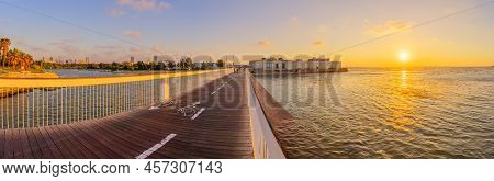 Tel-aviv, Israel - June 28, 2022: Panoramic Sunset View Of Wokop Bridge Over The Yarkon River Estuar