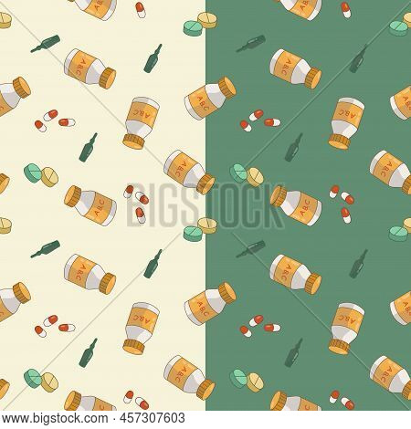 Pattern Color In The Medical Direction Using Yellow And Green, With Elements Of Tablets Drops And Bu