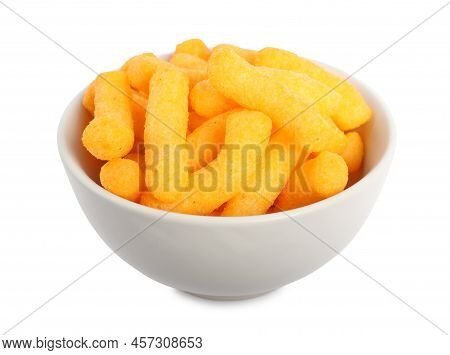 Many Tasty Cheesy Corn Puffs In Bowl Isolated On White