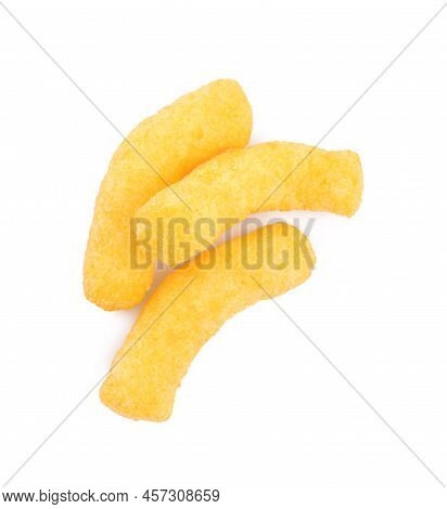 Tasty Cheesy Corn Puffs Isolated On White, Top View
