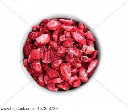 Freeze Dried Strawberries In Bowl On White Background, Top View