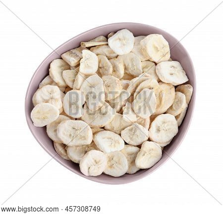 Freeze Dried Bananas In Bowl On White Background, Top View
