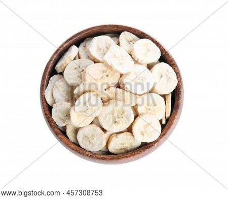 Freeze Dried Bananas In Bowl On White Background, Top View