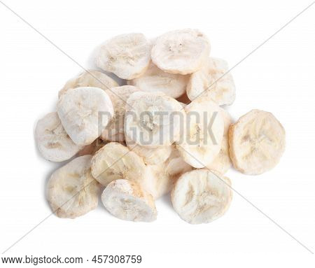 Pile Of Freeze Dried Bananas On White Background, Top View