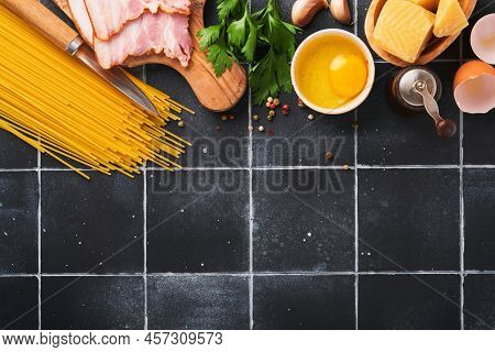 Ingredients For Pasta Carbonara. Traidtional Italian Pasta Carbonara Ingredients Bacon, Spaghetti, P