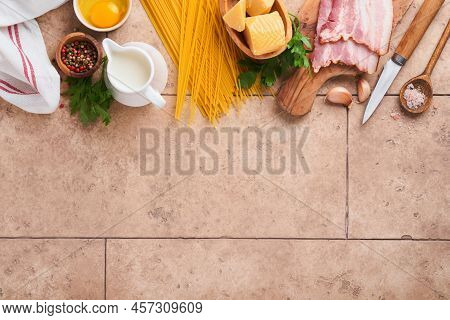 Ingredients For Pasta Carbonara. Traidtional Italian Pasta Carbonara Ingredients Bacon, Spaghetti, P