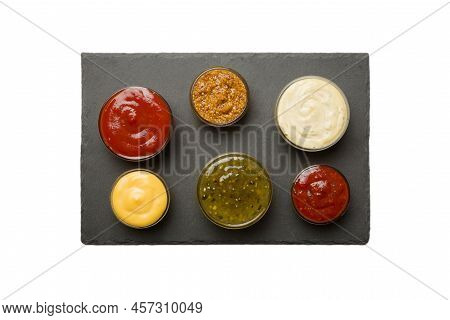 Set Of Bowl With Sauce Isolated On White Backgroundm Top View.
