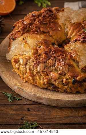 Bolo Rainha Or Queen's Cake Is A Traditional Portuguese Xmas Cake With Fruits Raisins Nut On Kitchen