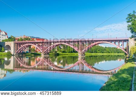 Maribor, Slovenia - June 2, 2022: Main Bridge (glavni Most) Or Old Bridge (slovene: Stari Most) Over