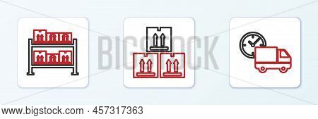 Set Line Delivery Truck And Clock, Warehouse And Cardboard Box With Traffic Icon. Vector