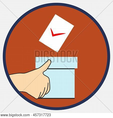 Ballot Falls Into Blue Ballot Box. Candidate Selection. Red Check Mark On Piece Of Paper. Voting At 
