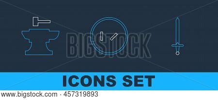 Set Line Medieval Sword, Anvil For Blacksmithing Hammer And Round Wooden Shield Icon. Vector