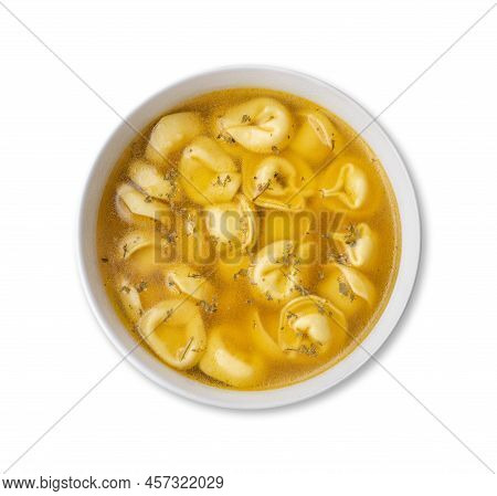 Cappelletti Or Tortellini Brodo Soup In A Bowl Isolated Over White Background.