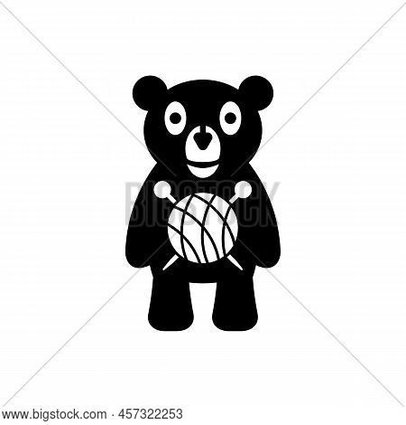 Knitted Plush Toy With Cartoon Bear Illustration, Knitting Needles And Ball Of Thread. Isolated Vect