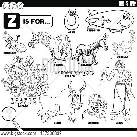 Black And White Educational Cartoon Illustration For Children With Comic Characters And Objects Set 