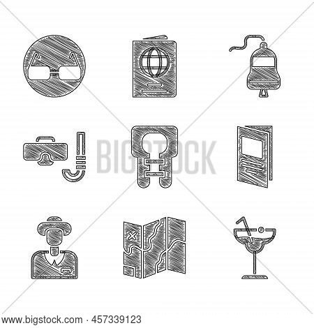 Set Life Jacket, Folded Map, Cocktail, Brochure, Tourist, Diving Mask And Snorkel, Ship Bell And Gla