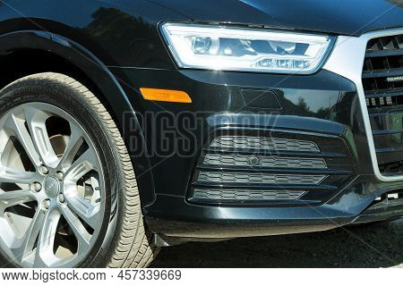 Audi Q3 In Black. Subcompact Luxury Crossover Audi Q3. Detailing. Headlight Type.