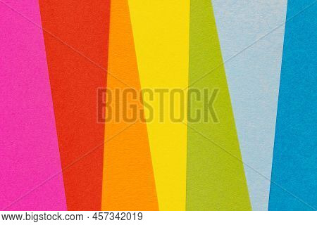 Bright Photo Of Rainbow Paper Flat Composition. Children's Striped Background From Colorful Sheets. 
