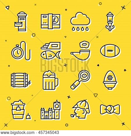 Set Line Bow Tie, British Police Helmet, Rugby Ball, Cloud With Rain, Fish And Chips, Watch Chain, L