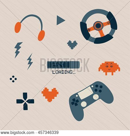 Video Gaming Elements Set. Game Console, Joystick, Controller, Playing Wheel Isolated Illustrations.