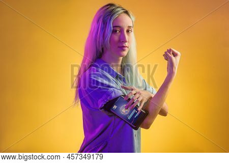Future Of Feminist Movement Cyberpunk Activist. Strong Hispanic Superwoman Gender Equality