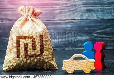 Couple Figurines And Israeli Shekel Money Bag. Transport Policy. Budget. Social Research, Consumer P