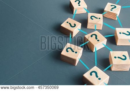 Blocks With Questions Connected In A Network. Lots Of Unknown Facts. Curiosity, Exploration. Questio
