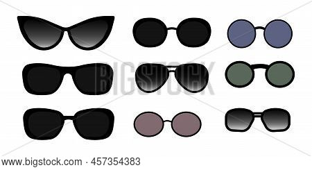 Black Sunglasses Set In Modern Style. Cartoon Style. Modern Concept Background. Vector Illustration.