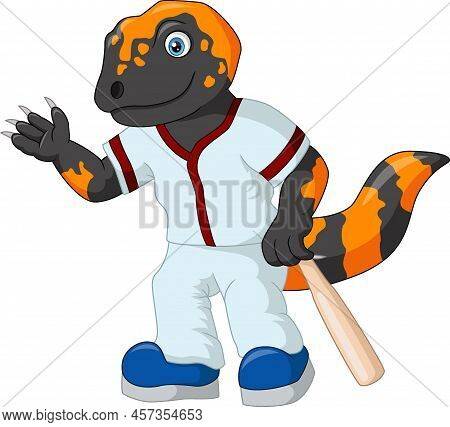 Funny Gila Monster Lizard Cartoon Wearing Baseball Jersey Holding Baseball Bat