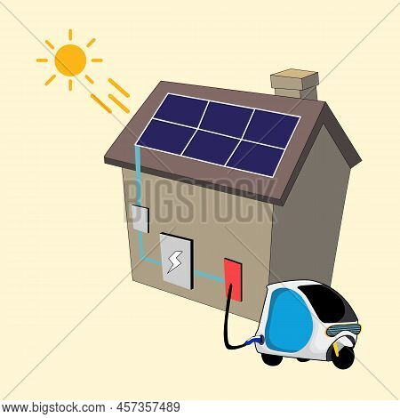 Free Energy (solar Cell). Electric Car Parking Charging At Home Powerwall Charger Station On House