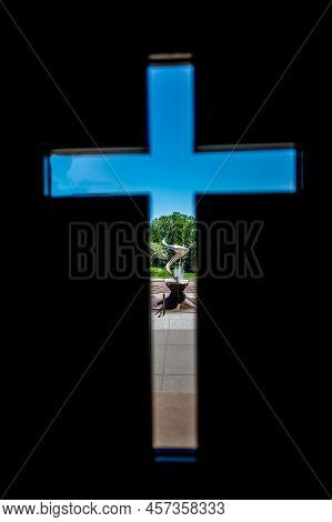 Omaha, Nebraska, Us - 5.2022 - View Out The Door Of St. Johns Parish Catholic Church On The Campus O