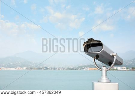 Metal Tower Viewer Installed Near Sea, Space For Text. Mounted Binoculars