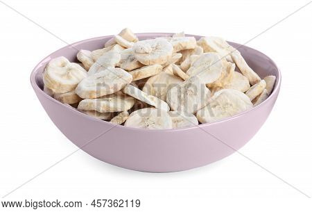 Freeze Dried Bananas In Bowl On White Background