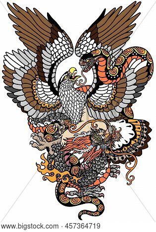 Eagle Fighting With A Snake Serpent And Dragon. The Battle Between Symbolic Creatures. Tattoo Style 