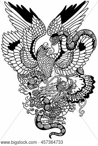 Eagle Fighting With A Snake Serpent And Dragon. The Battle Between Symbolic Creatures. Tattoo Style 