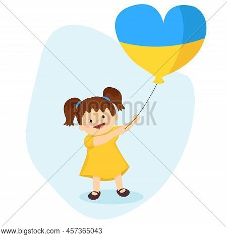Ukraine Girl With Balloon In Ukrainian Flag Colours. Pray For Ukraine. Vector Image In Flat Style.