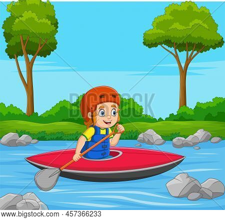 Vector Illustration Of Cartoon Little Boy Rowing A Boat