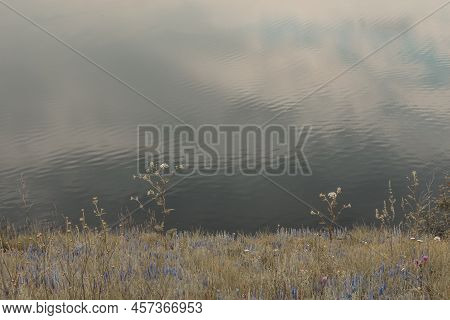 A Bank Of The Lake With Grass And Wildflowers. Sky And Clouds Reflected In Water.