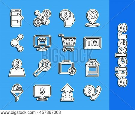 Set Line Telephone Handset And Speech Bubble Chat, Shopping Building Or Market Store, Trademark, Bus